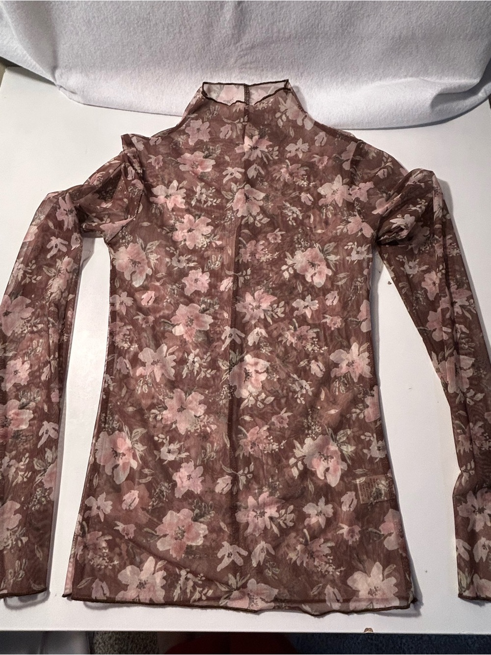 New In Floral Sheer Mock Neck Blouse in Pink and Brown